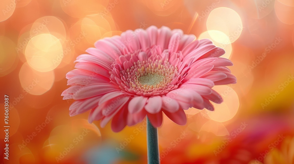  a close up of a pink flower in front of a blurry image of a boke of lights in the background.