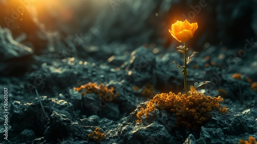  a yellow flower sitting on top of a pile of rocks in the middle of a field of grass and dirt.