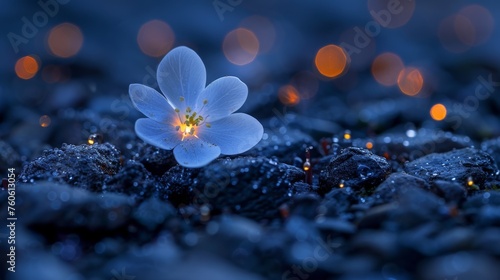  a small white flower sitting on top of a pile of rocks with a blurry background of lights in the distance.