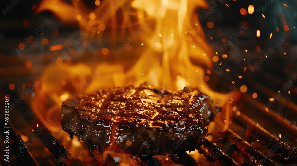 Grilled meat steak on stainless grill depot with flames on dark background. Food and cuisine concept. - obrazy, fototapety, plakaty 