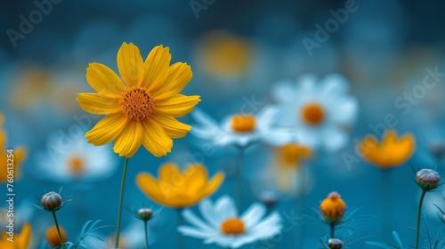  a field of yellow and white daisies with a blue sky in the background and a few white daisies in the foreground.