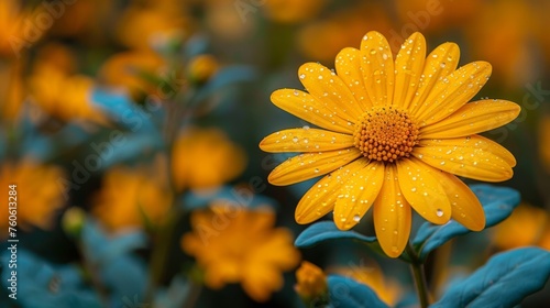  a close up of a yellow flower with water droplets on it s petals and a green leaf in the foreground.