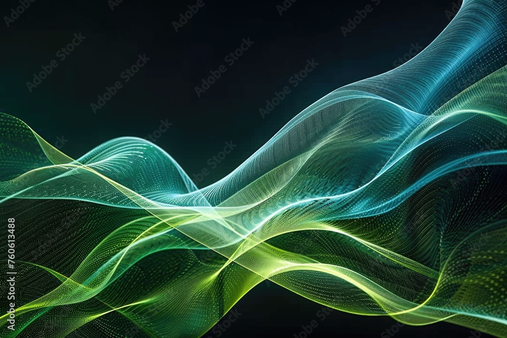 Vibrant green and blue light wave on a dark black backdrop. Perfect for technology and abstract design concepts