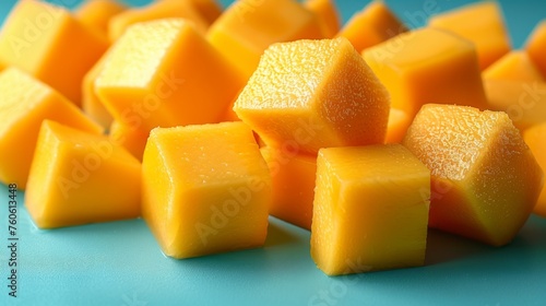  a pile of cubes of cheese sitting on top of a blue counter top next to a pile of cubes of cheese.