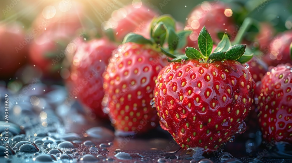 a close up of a group of strawberries on a table with water droplets on the surface and a bright light in the background. a close up of a group of strawberries on a table with water droplets on the surface and a bright light in the background.