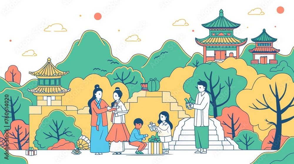 During Chuseok, a big Korean holiday, families greet with gifts in a traditional setting of mountains and trees. Flat design style minimal modern illustration.