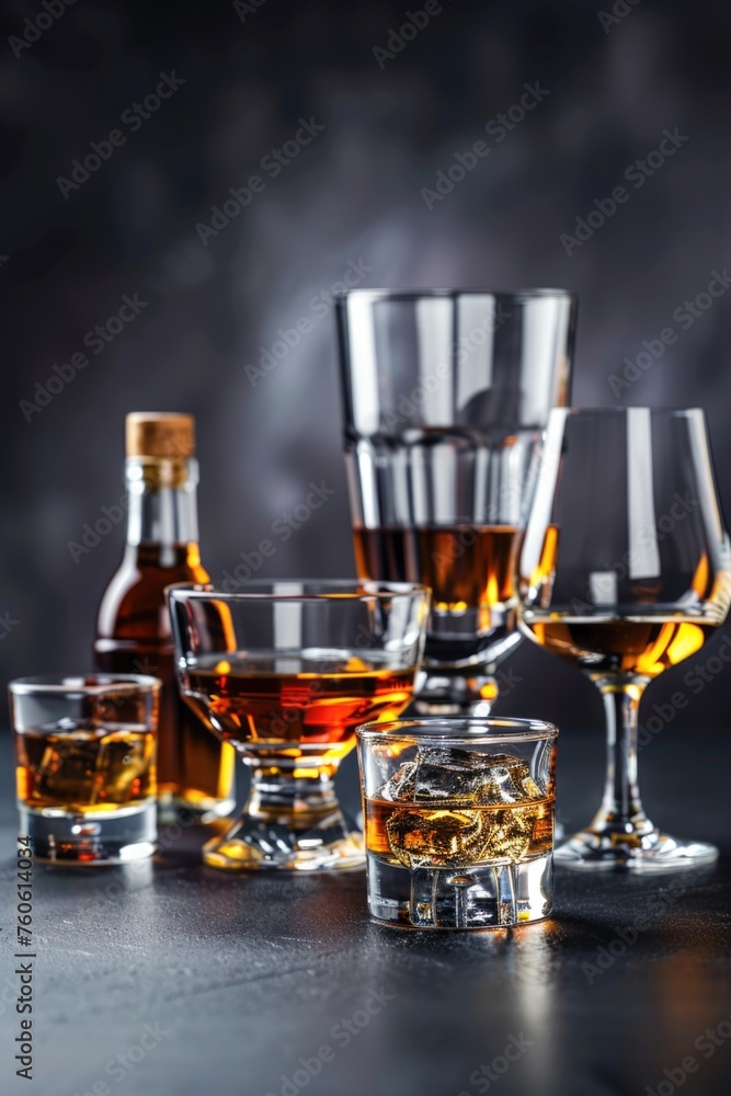 A group of glasses and bottles of alcohol on a table. Perfect for bar or party concepts A group of glasses and bottles of alcohol on a table. Perfect for bar or party concepts