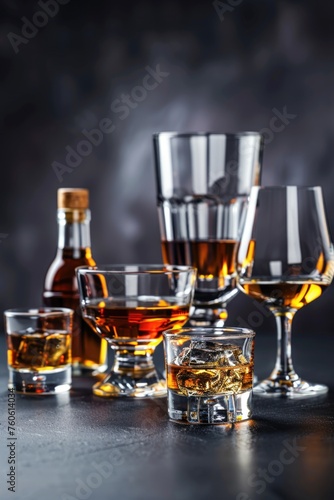 A group of glasses and bottles of alcohol on a table. Perfect for bar or party concepts