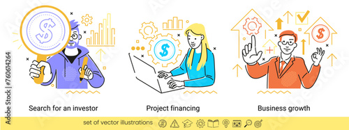 Collection of different business concept scenes. Human with icons and images. Business growth. Project financing. Search for an investor.