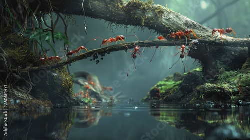 red ants building a bridge