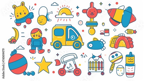 Illustration with children's day logo and toys in flat design style. © Mark