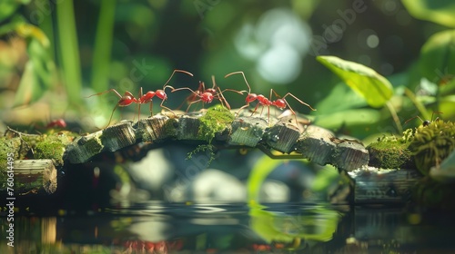red ants building a bridge
