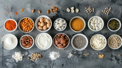Set of natural food high in protein on grey background, top view