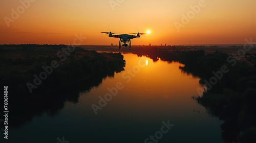 Silhouette Drone flying very high top view river landscape at sunset of take photo and video.