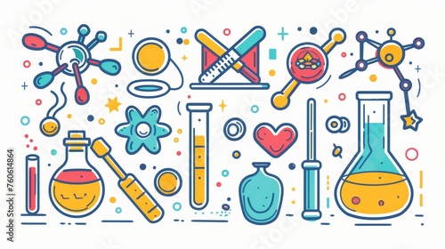 An illustration of a science experiment with colorful objects in a flat design with soft textures