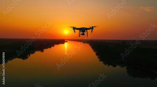 Silhouette Drone flying very high top view river landscape at sunset of take photo and video.