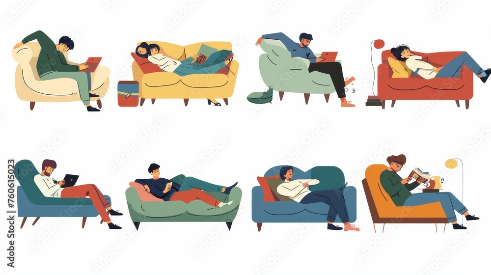 Flat design style minimal modern illustration of people lying on sofas. Reading books, watching TV, and using mobile phones.