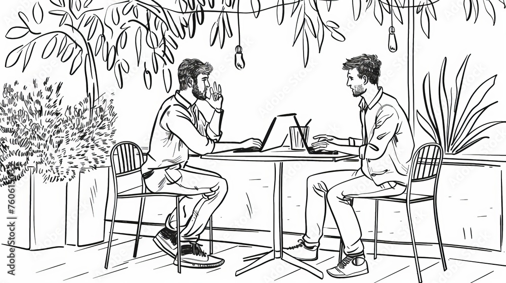 An illustration of two men talking on a cafe terrace and looking at their laptops. Hand-drawn style modern design illustrations.