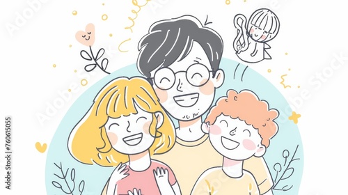 I have drawn a family portrait with my mom holding a girl and my dad on the back of the boy. Hand drawn style modern design illustration.