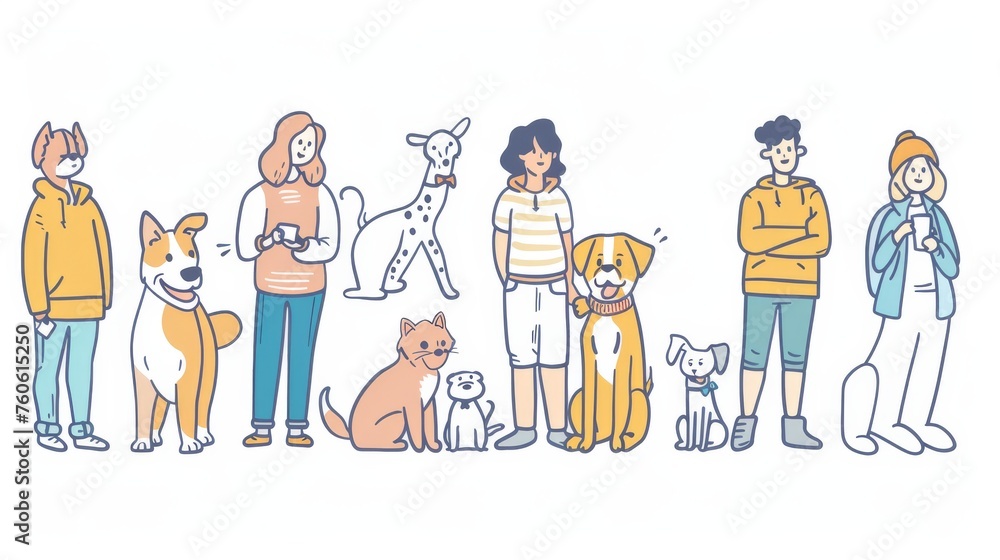 Various people and pets character line drawing modern illustration Various people and pets character line drawing modern illustration