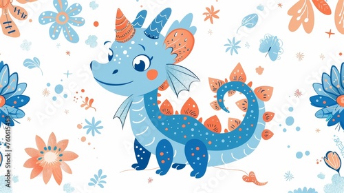 New Year s greetings with Korean traditional patterns  cute blue dragon baby character. Modern outline illustration. 2024 New Year greetings.