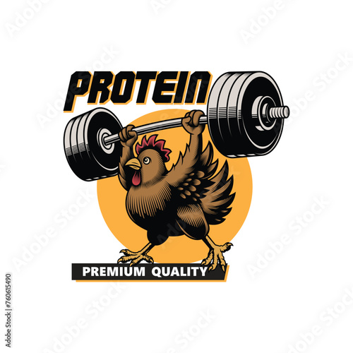 "Protein. Premium Quality" - Chicken powerlifter. Vector illustration in engraving technique of sporty chicken lifting huge barbell. 