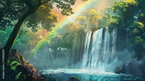 A beautiful waterfall with rainbow in deep forest