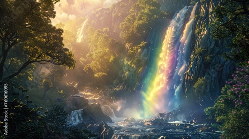 A beautiful waterfall with rainbow in deep forest © buraratn