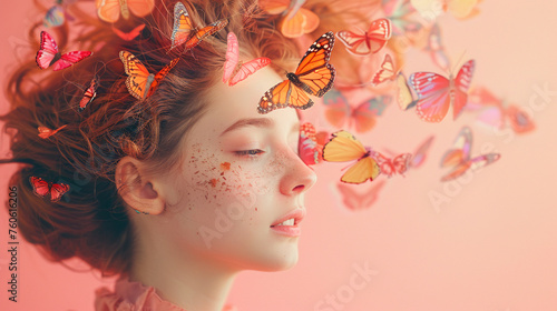 A surreal interpretation with the womens hair transforming into butterflies blending the boundary between the human and natural world