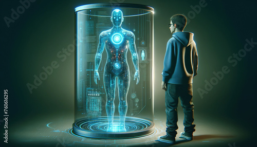Man standing in front of glass case with futuristic image of a cyborg. Concept Curiosity and innovation