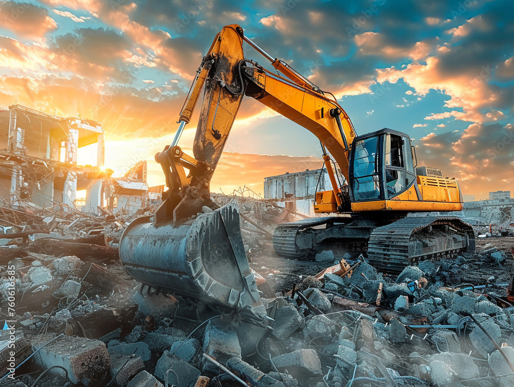 Powerful excavator tearing down remnants preparing a clean slate for rebuilding a dream home amidst debris Powerful excavator tearing down remnants preparing a clean slate for rebuilding a dream home amidst debris