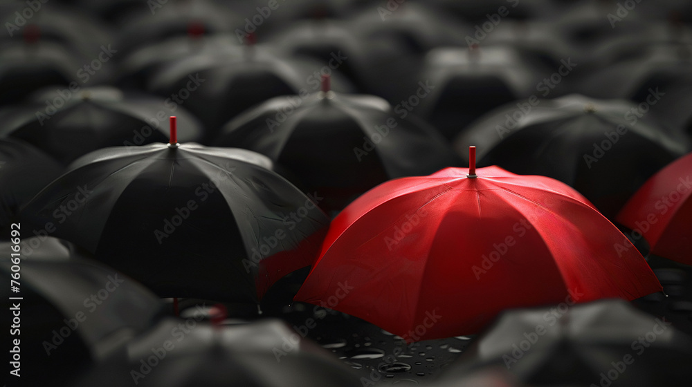 Standout scene with one red umbrella among many black symbolizing leadership and uniqueness in a crowd