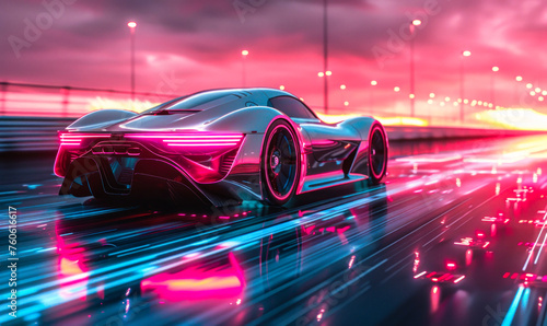 Futuristic supercar with glowing neon lights speeding on a digital highway, concept of modern innovation, speed, technology, and dynamic design