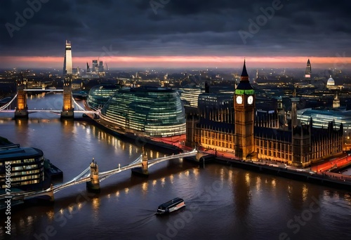 The river Thames winding through the heart of the city, reflecting the shimmering lights of towering buildings and ancient monuments lining its banks
