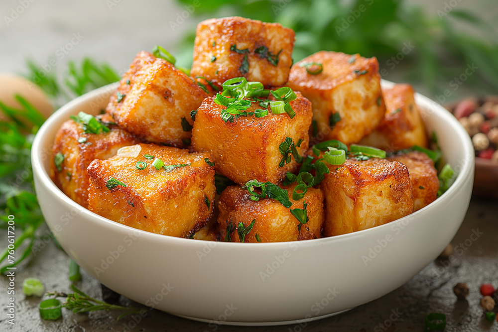 Tofu stir-fried with sesame and greens in a bowl Tofu stir-fried with sesame and greens in a bowl