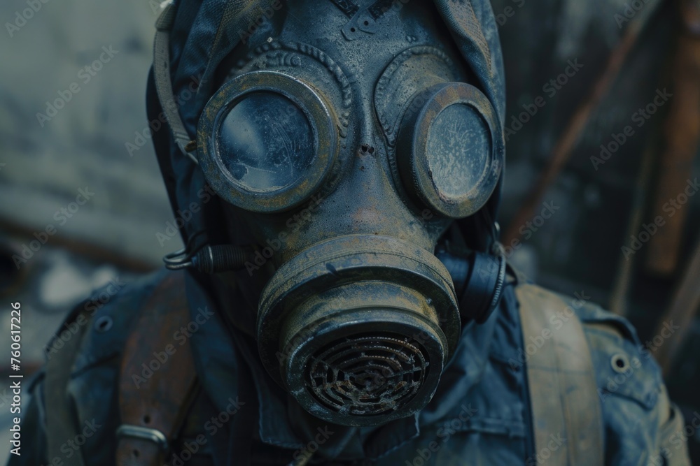 A man wearing a gas mask and jacket, suitable for apocalypse or survival themes A man wearing a gas mask and jacket, suitable for apocalypse or survival themes