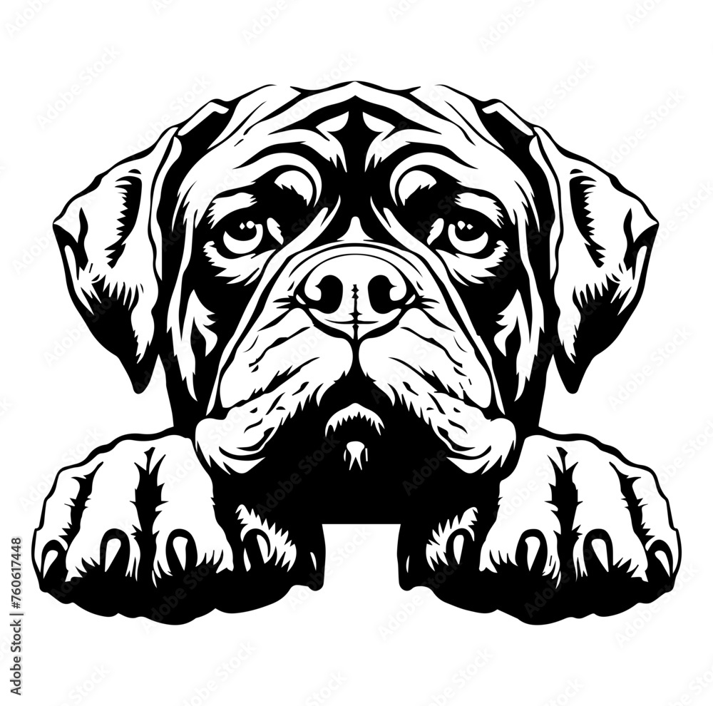 Fototapeta premium bullmastiff dog face peeking over front paws vector illustration