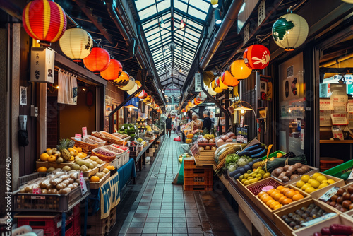 A minimalist shot showcasing the vibrant colors of the Nishiki Market, with rows of traditional stalls selling fresh produce and local delicacies, Japanese minimalistic style,