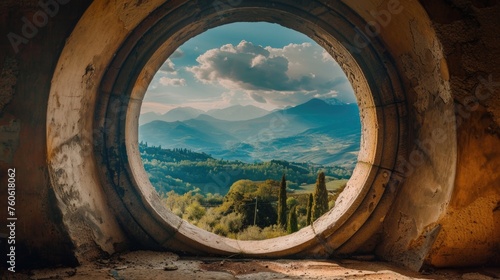 A round window with a view of the mountains, perfect for travel websites © Ева Поликарпова