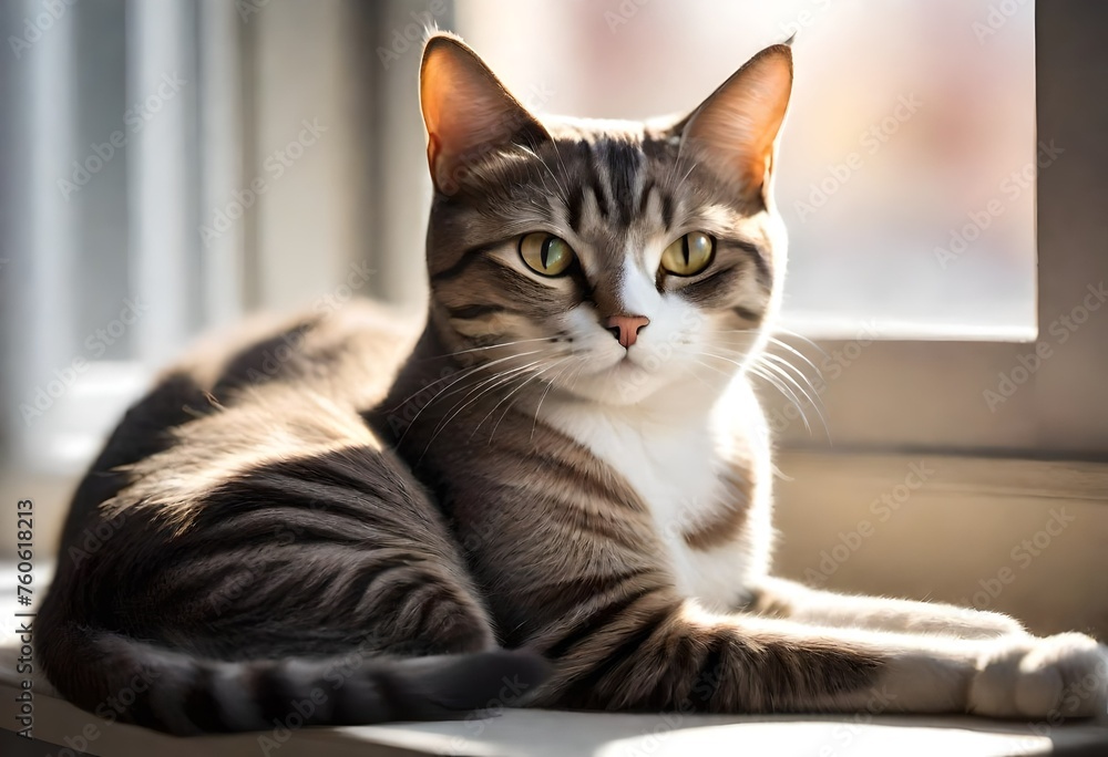 A graceful European Shorthair cat lounges serenely on a windowsill, basking in the warmth of the sunlight, its elegant form highlighted in crystal-clear HD imagery