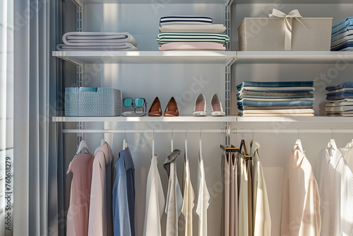 minimalist modern closet with regal accessories strategically placed on geometric shelves, showcasing elegance in simplicity, © forenna