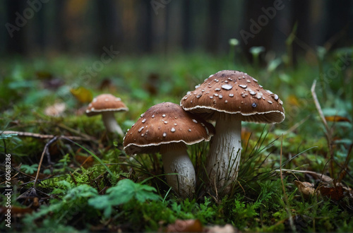 beautiful closeup of forest mushrooms in grass autumn