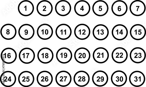 Simple round numbers icon set. Set of 1-31 numbers simple symbol. Replaceable vector design.  photo