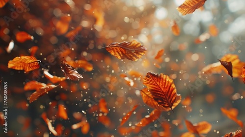 A bunch of leaves floating in the air. Suitable for nature and autumn concepts #760618658