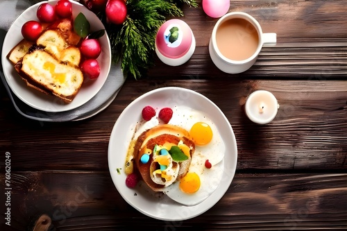 Easter table setting with colored red eggs, green branches decorated, plate with soft cake piece, cup of hot tea over black plank wooden table, Ai generated artwork