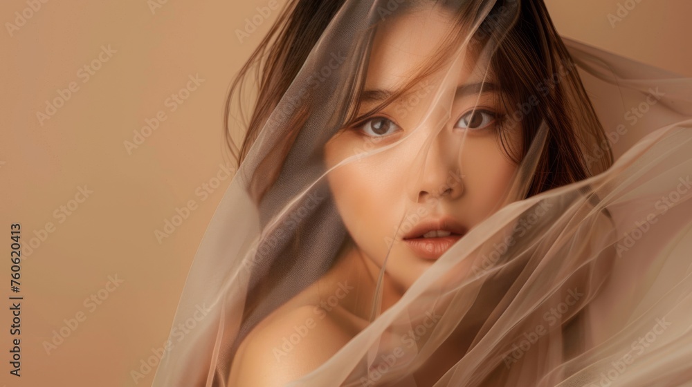 Beautiful asian young woman wrapped in transparent fabric. Fluttering veil on a beige background Beautiful asian young woman wrapped in transparent fabric. Fluttering veil on a beige background