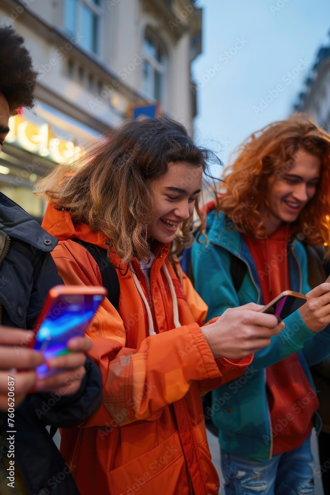 Fototapeta premium A diverse group of individuals engaged with their smartphones. Ideal for illustrating technology addiction and social media usage