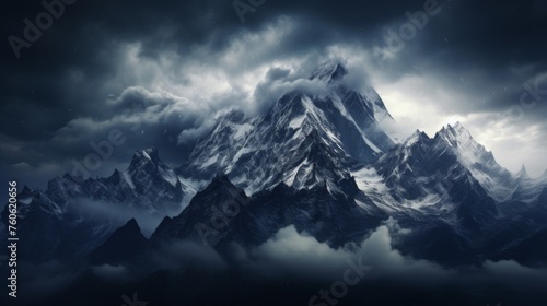 Tranquil mountain landscape with dramatic sky over snowcapped peaks, serene and picturesque scene