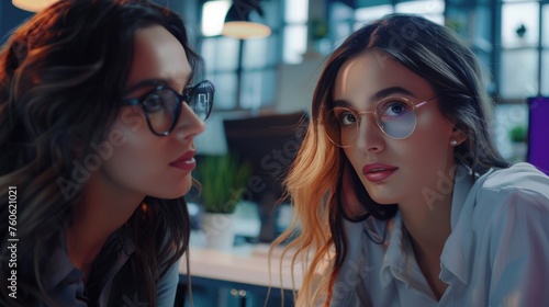 Two women wearing glasses making eye contact. Suitable for business or lifestyle concepts