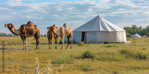 Beautiful view of traditional nomadic Yurts and camels on the Mongolian grasslands at sunset.